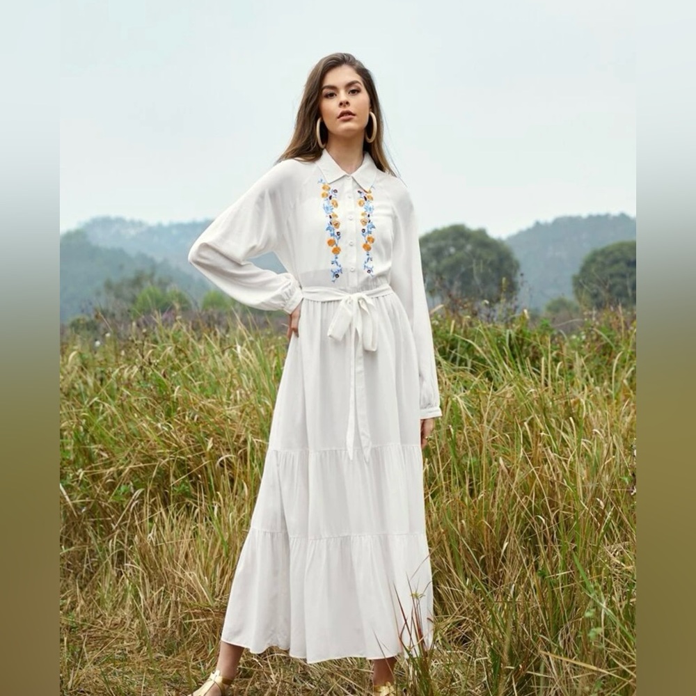 *brand new* White midi long sleeve floral embroidered shirt dress size XL